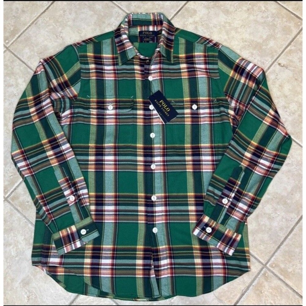 Polo Ralph Lauren Performance Flannel Workshirt Men's M Green Plaid L/S $125 NWT